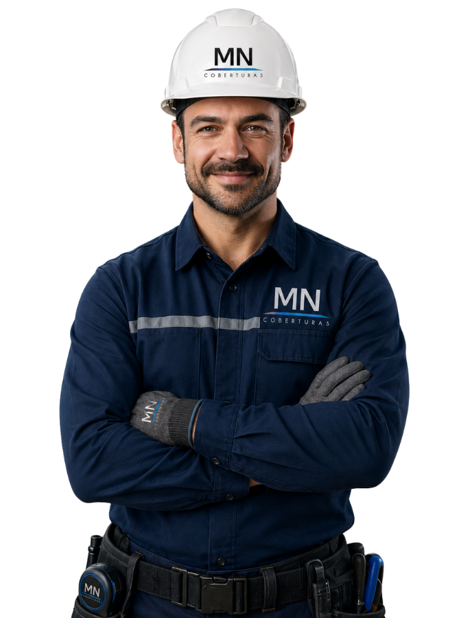 profissional de coberturas usando uniforme com logo MN Coberturas e capacete de segurança em São Paulo